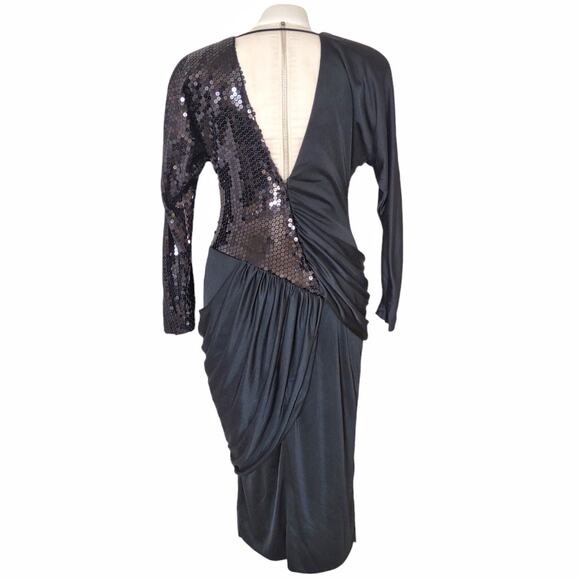 DOVIZIA Black Vintage Cocktail Dress Sz 8 Sequins Bodycon New Years Eve Holidays - Picture 4 of 10